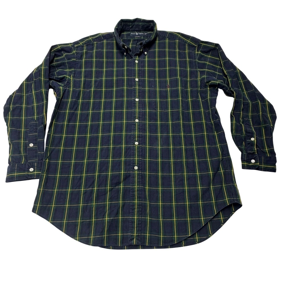 Ralph Lauren Blaire Mens Oxford Shirt Navy Green Plaid Cotton XL Classic Fit